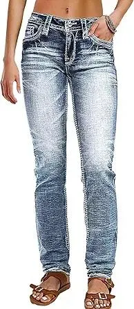 Flamingals Mid Rise Skinny Jeans for Women Trendy Wash Stretchy Butt Lifting Western Jeans with Pocket Back