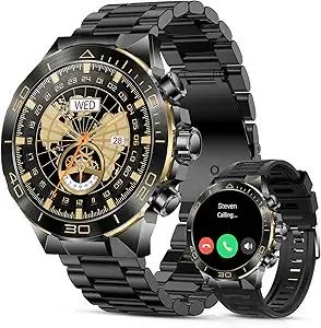 Smart Watch for Men Answer/Make Call for Android iPhone, 1.43" AMOLED HD Screen Mens Luxury Watch, 400mAh Heavy Duty Smartwatch Heart Rate Blood Oxygen Blood Pressure Sleep Monitor Pedometer, 2 Straps