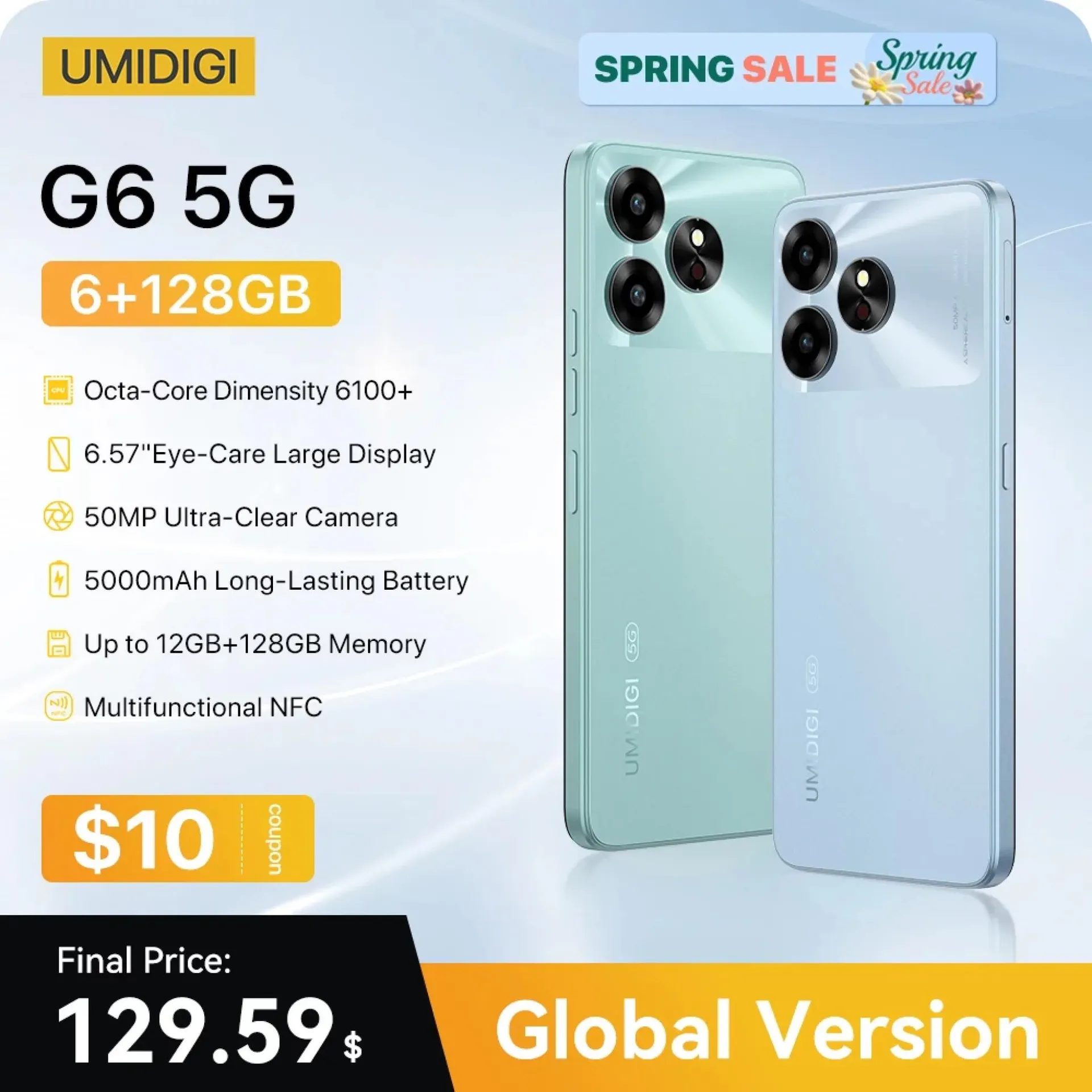 [NUEVO 5G] Teléfono inteligente UMIDIGI G6 5G Android 5 Dimensity 13+ 6100+6GB 6GB 128” 6.57Hz Cámara dual Eye-Care de 90MP Ultra-Clear NFC