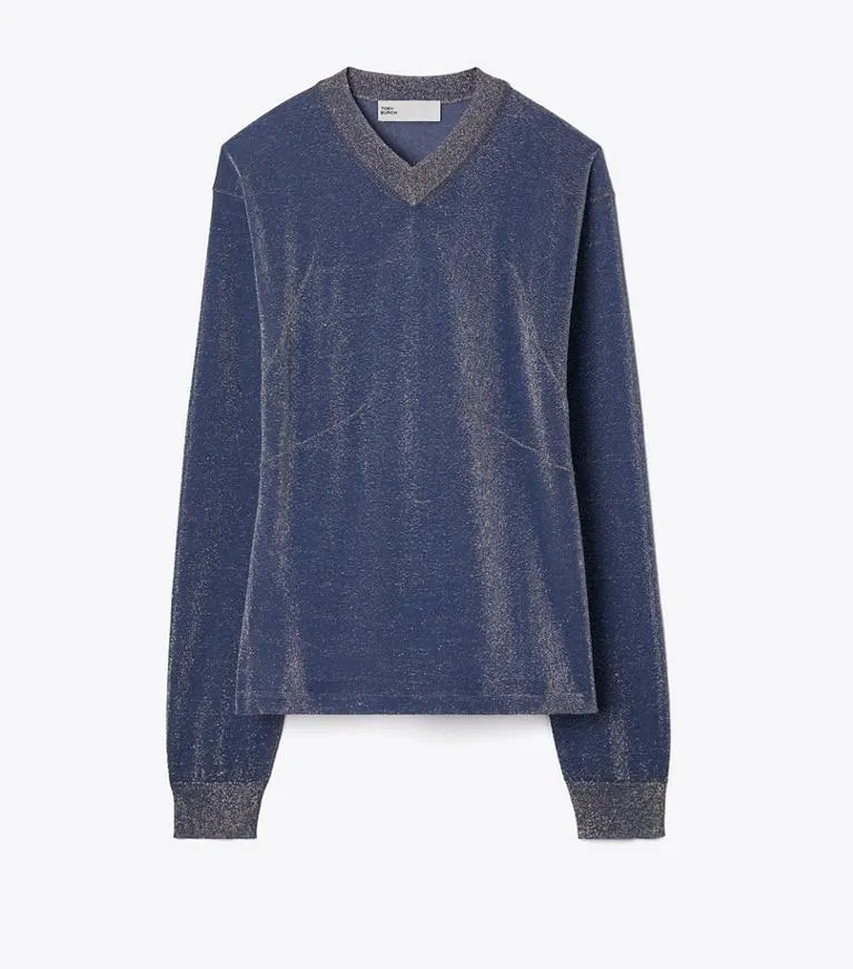 METALLIC V-NECK SWEATER