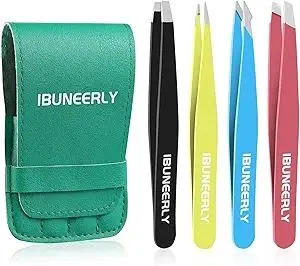 Eyebrows Tweezers Set, 4Pcs Stainless Steel Tweezers for Women with Travel Case, Great Precision for Ingrown Hair, Facial Hair and Splinter Removal