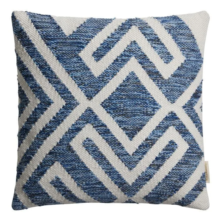 Blue and Ivory Geometric Indoor Outdoor Throw Pillow