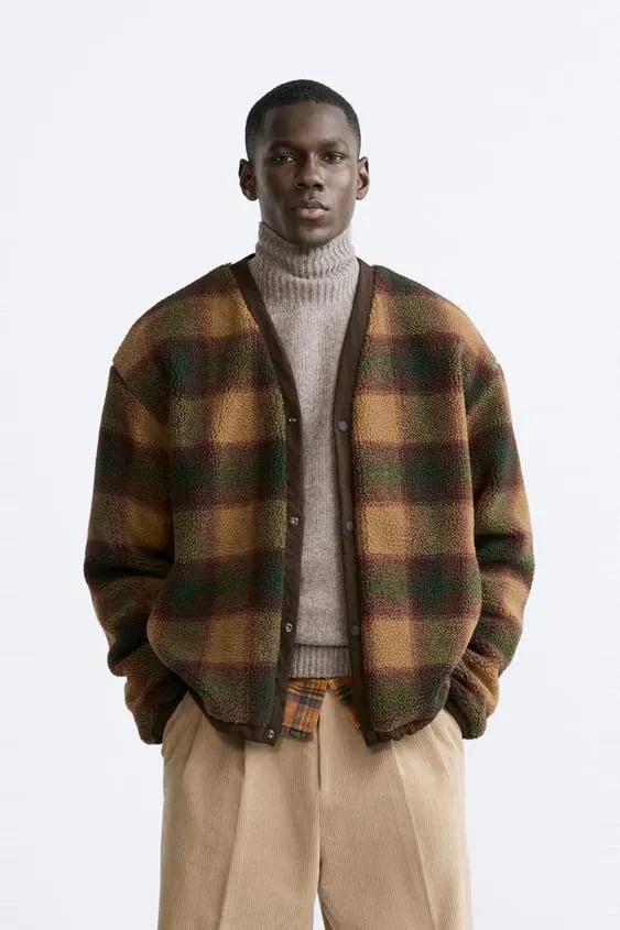 CHECK FAUX SHEARLING JACKET