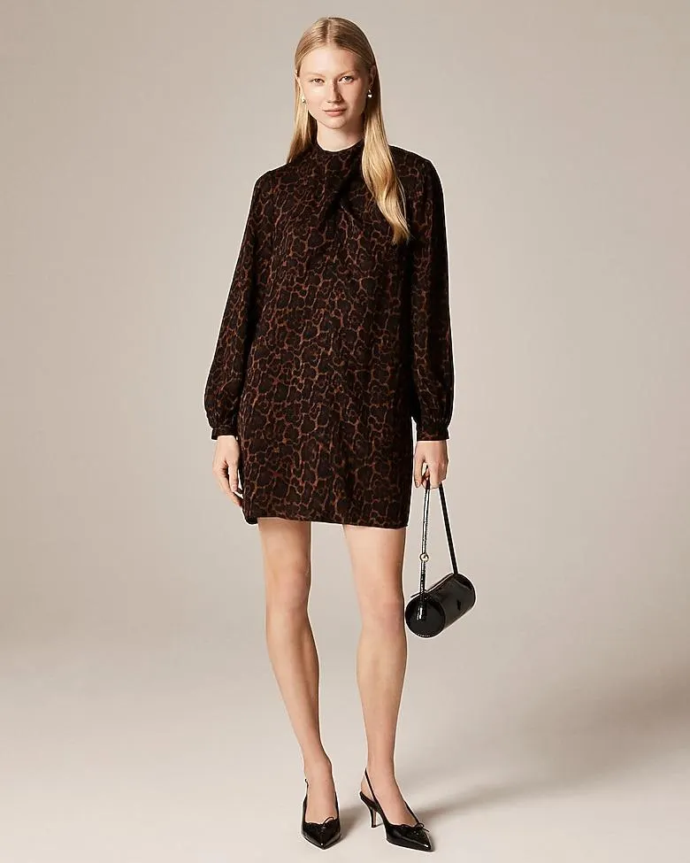 Bow-neck shift dress in leopard print