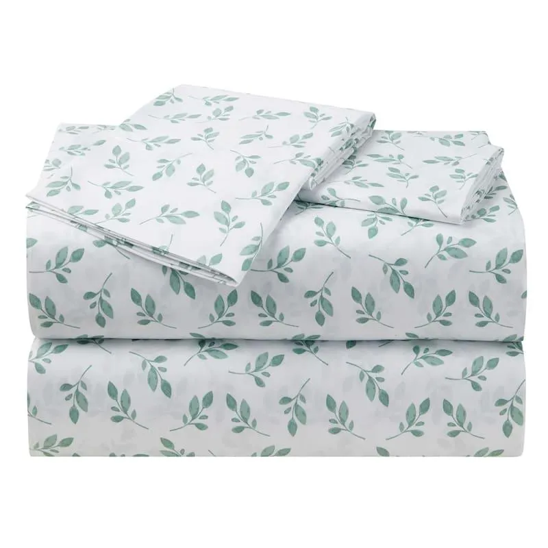 4-Piece White Eucalyptus Print Microfiber Essential Sheet Set, Queen
