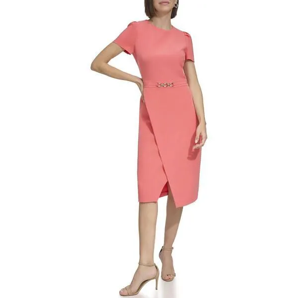 Womens Tommy Hilfiger Short Crepe Solid Hardware Trim Midi Dress