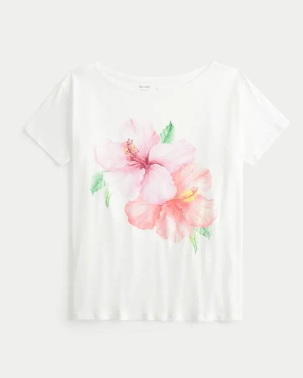 Off-the-Shoulder Hibiscus Graphic Tee