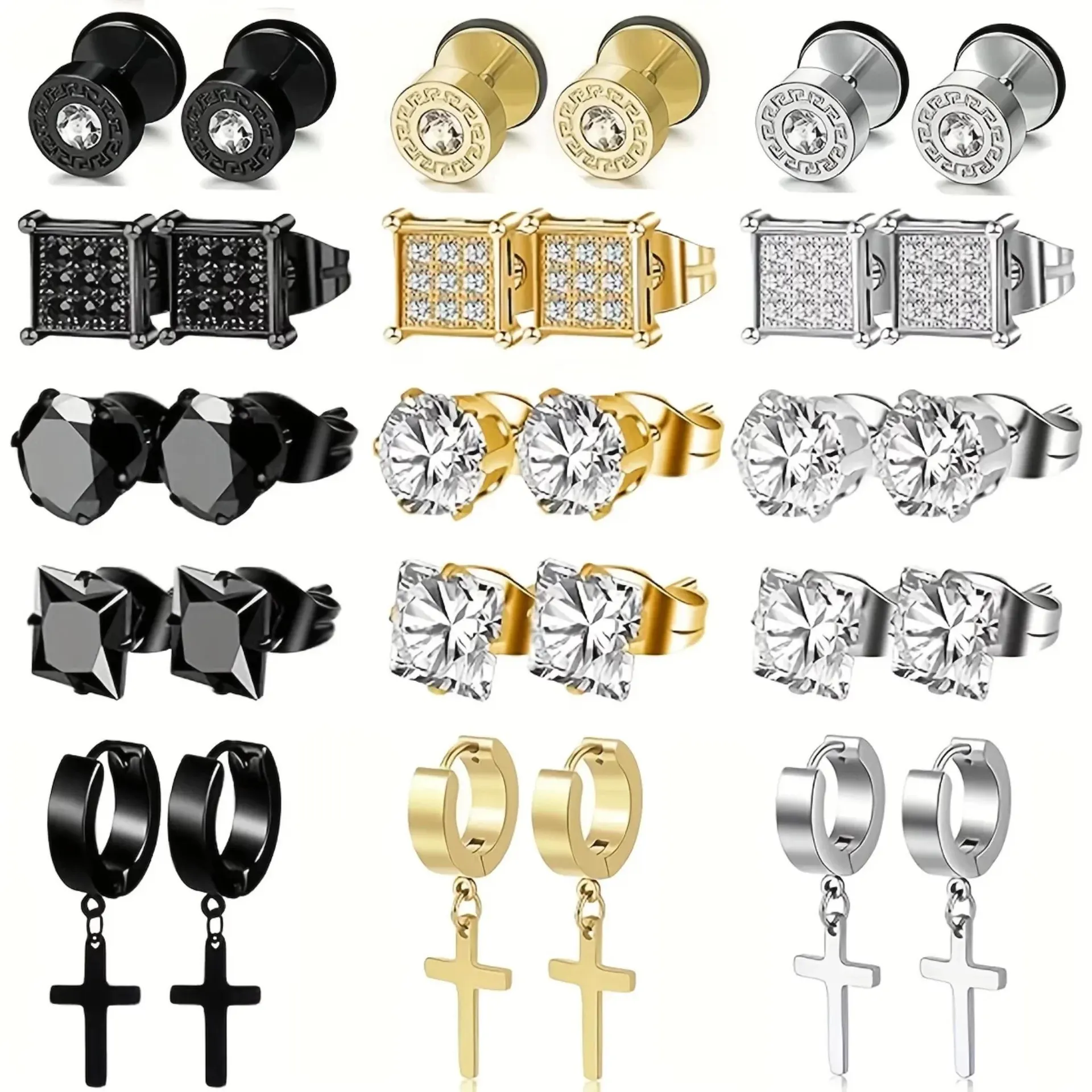 15 pares de pendientes de acero inoxidable con bisagras y cruz, pendientes de circonita cúbica para hombre, joyería para piercings de oreja.
