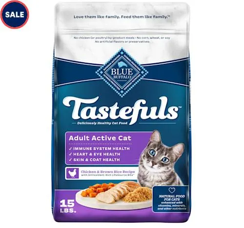 Blue Buffalo Blue Tastefuls Chicken and Brown Rice Recipe Natural Dry Food for Active Adult Cats, 15 lbs.