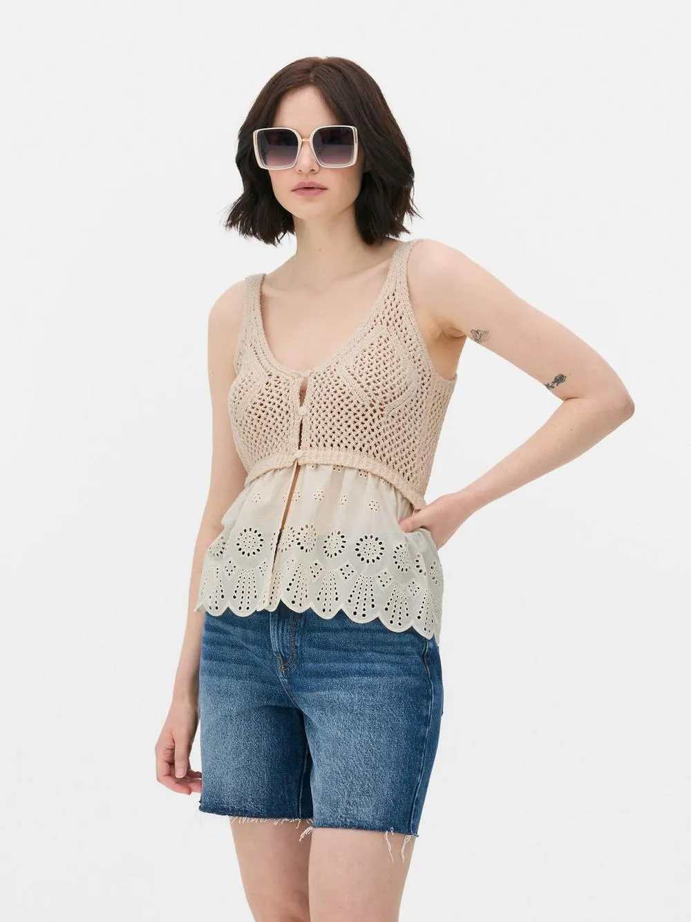 Broderie Knit Button-Up Top
