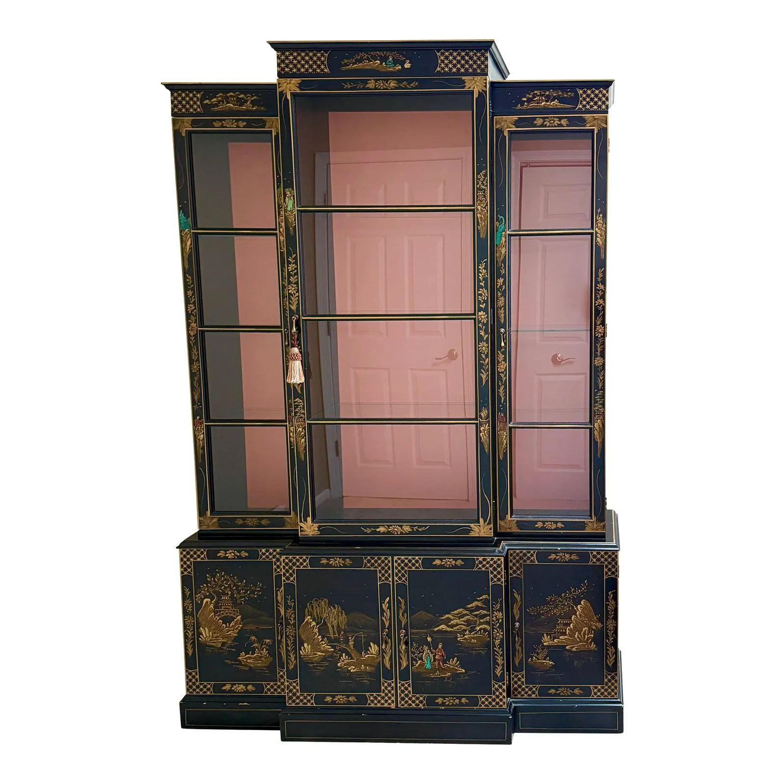 1940s Chinoiserie Black Lacquer Bookcase / China Display Cabinet