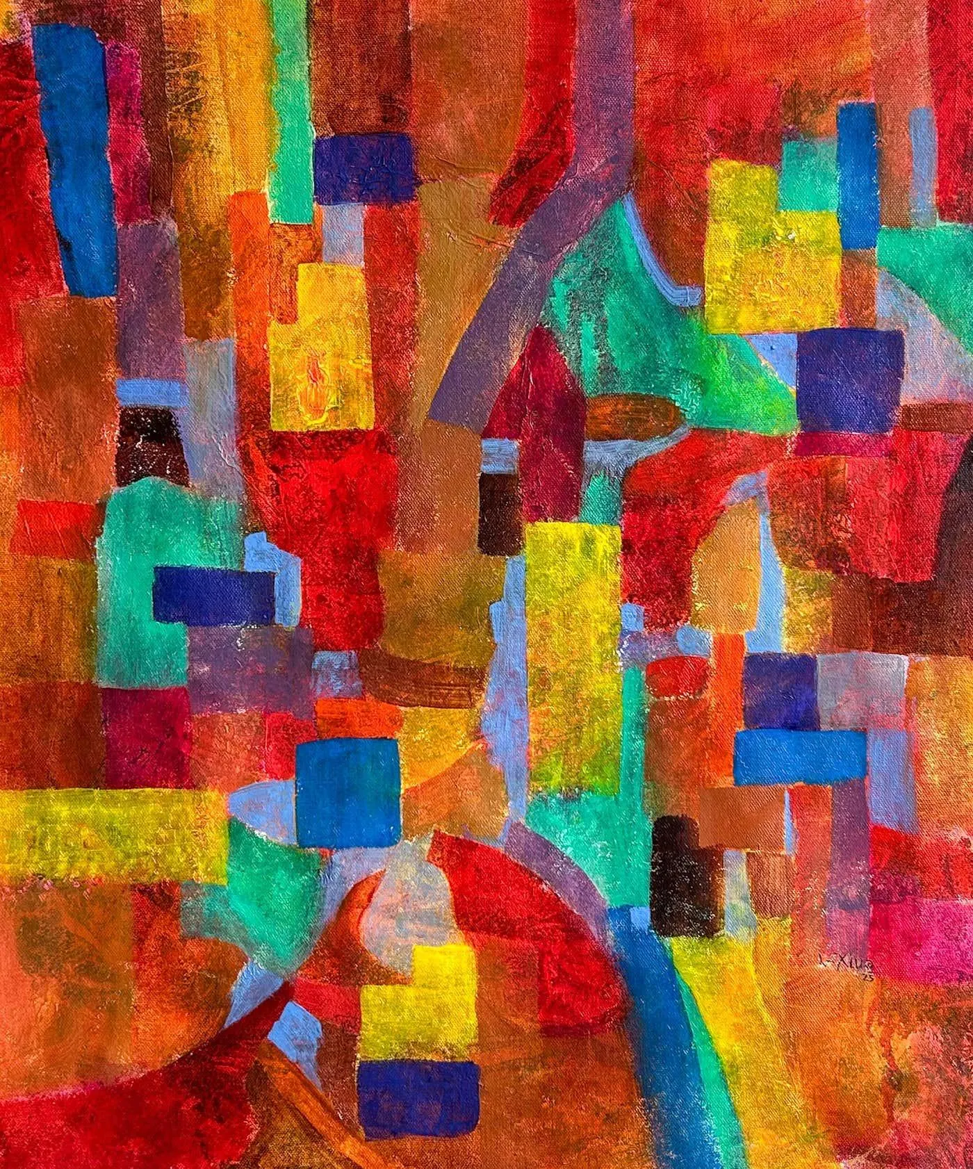 Luis Alexander Rodríguez (Ie-Xiua) Abstract Contemporary Oil Painting. "Constructive In Reds" 2025