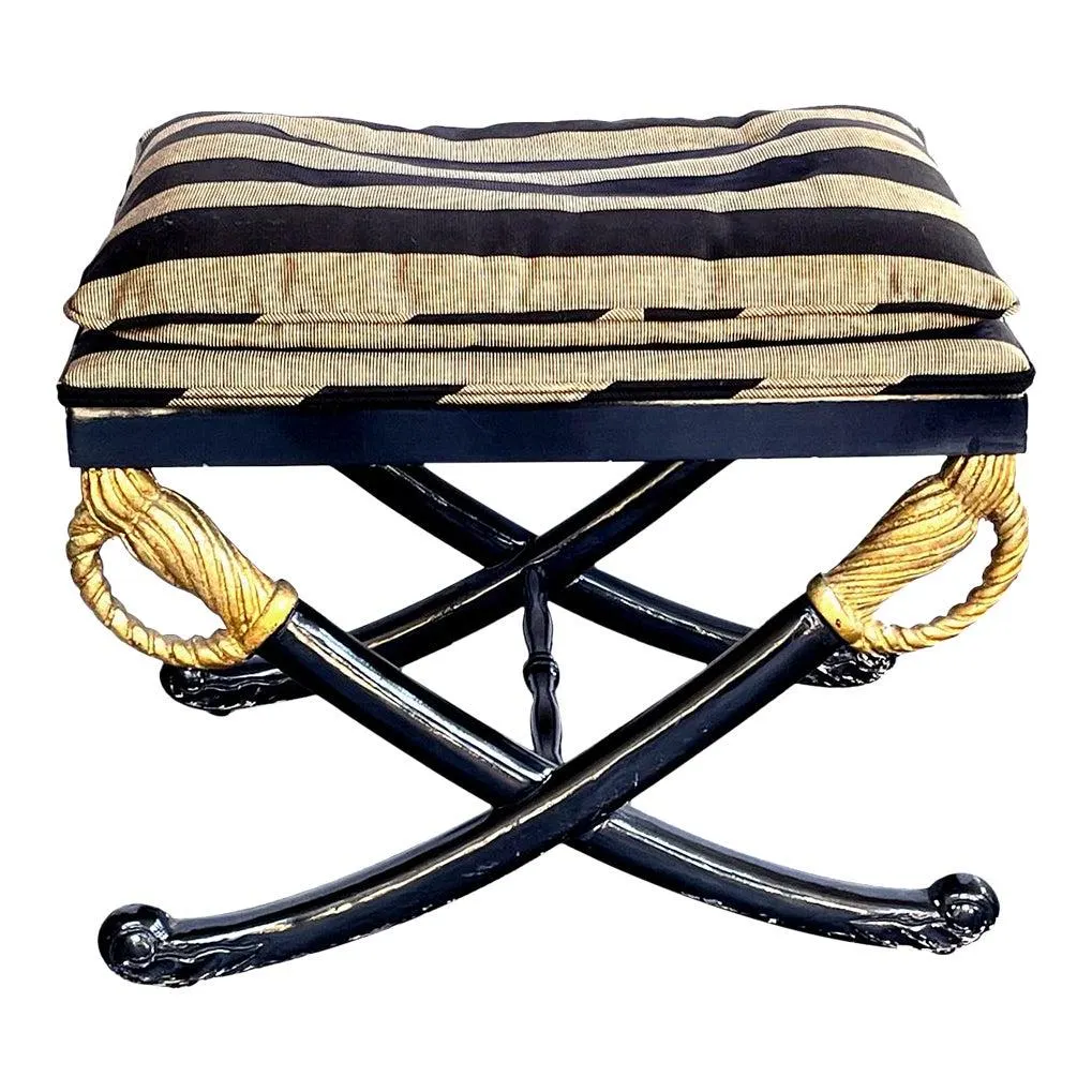 1960s Vintage Empire Style Ebonized Cross-Sword Stool With Gilt Highlights