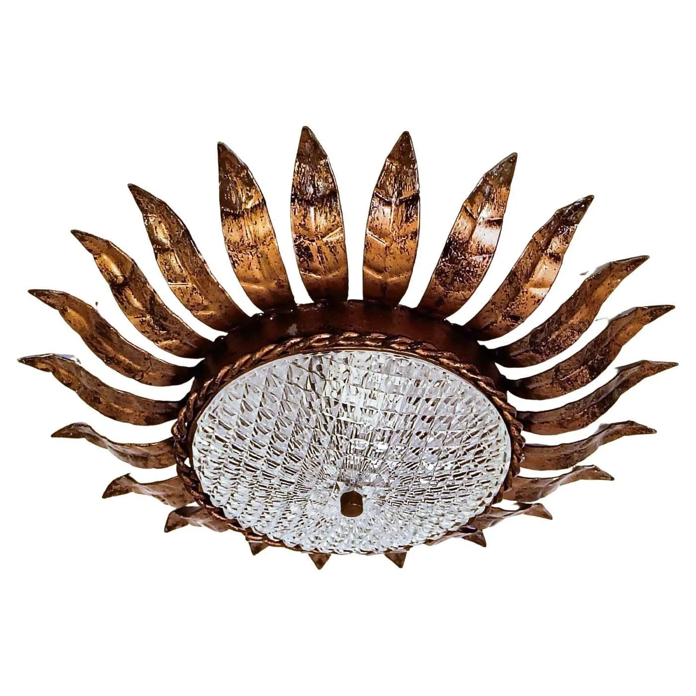 Hollywood Regency. Wrought iron Sunburst flush mount by Ferro Art, Spain, 1950s