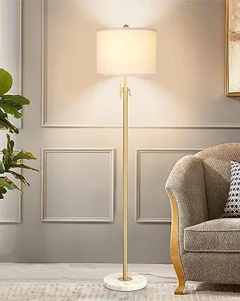 【Upgrade】Gold Floor Lamps for Living Room, 55"-67" Height Adjustable Modern Standing Lamp with Marble Base, Pull Chain Switch, 3-Way Dimmable Tall Pole Lamp for Bedroom Office Reading, Bulb Included