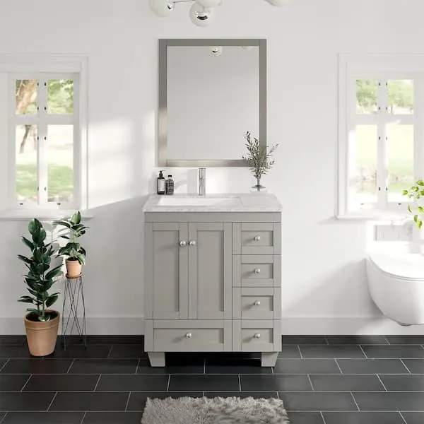 Happy 30 in. W x 18 in. D x 34 in. H Bathroom Vanity in Gray with White Carrara Marble Top with White Sink