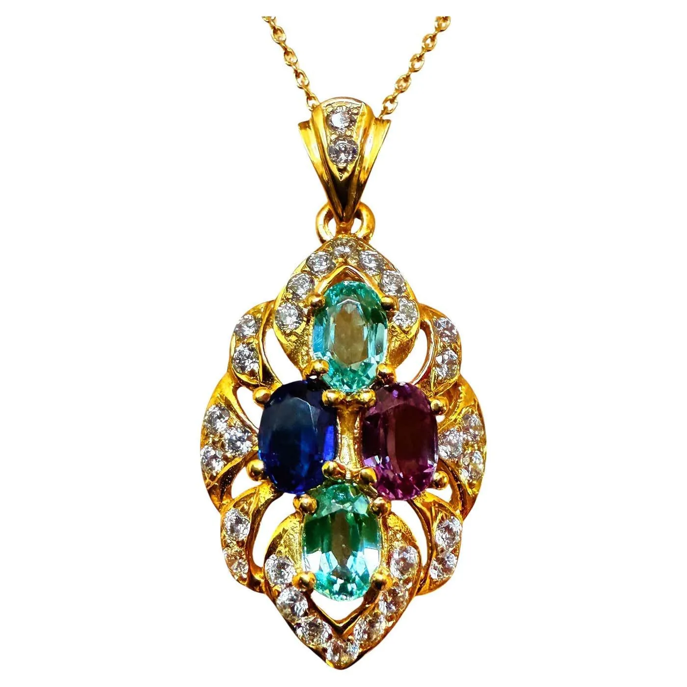New 3.70 Carat Sapphire & Diamond Cut Y Gold PL Sapphire Sterling Necklace