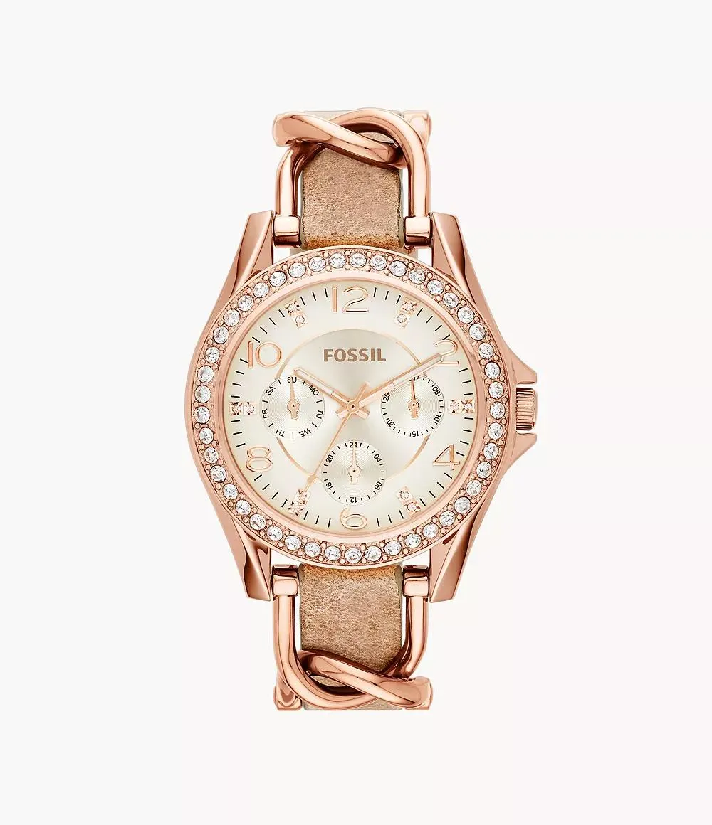 Riley Multifunction Rose Gold-Tone and Sand Leather Watch