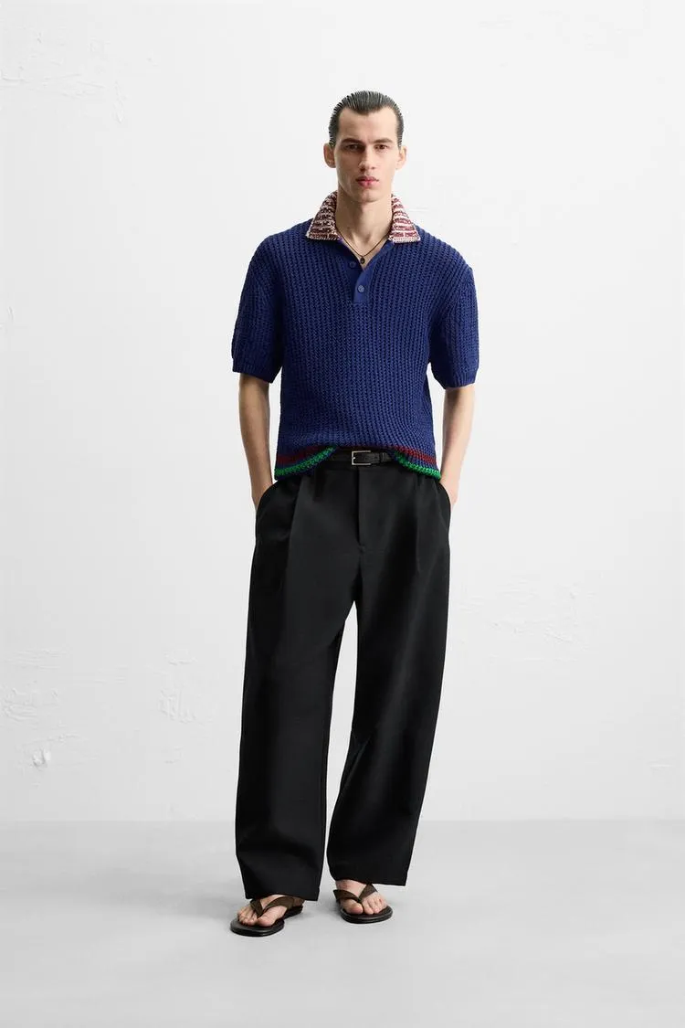 CONTRAST TEXTURED KNIT POLO SHIRT