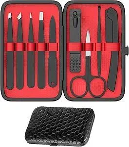 Yougai Tweezers and Nail Clippers Set,9 Pcs Professional Stainless Steel Tweezers Kit-Great Precision Tweezers with Curved Scissors and Eyebrow Razor for Daily Beauty Tools with Leather Travel Case
