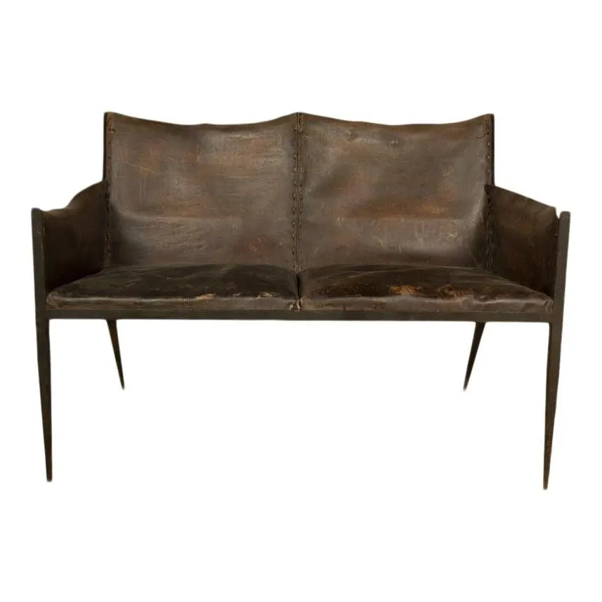Jean Michel Frank Style Iron & Leather Loveseat