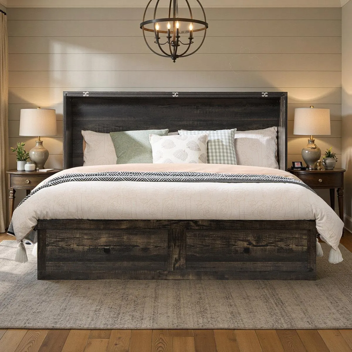 Wilkinson Farmhouse Full Murphy Bed With Large Storage Drawer & Charging Station, Dark Oak