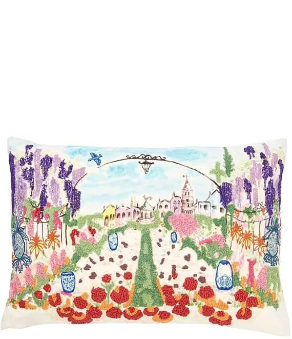 Colorful Coastal Village Embroidered Pillow