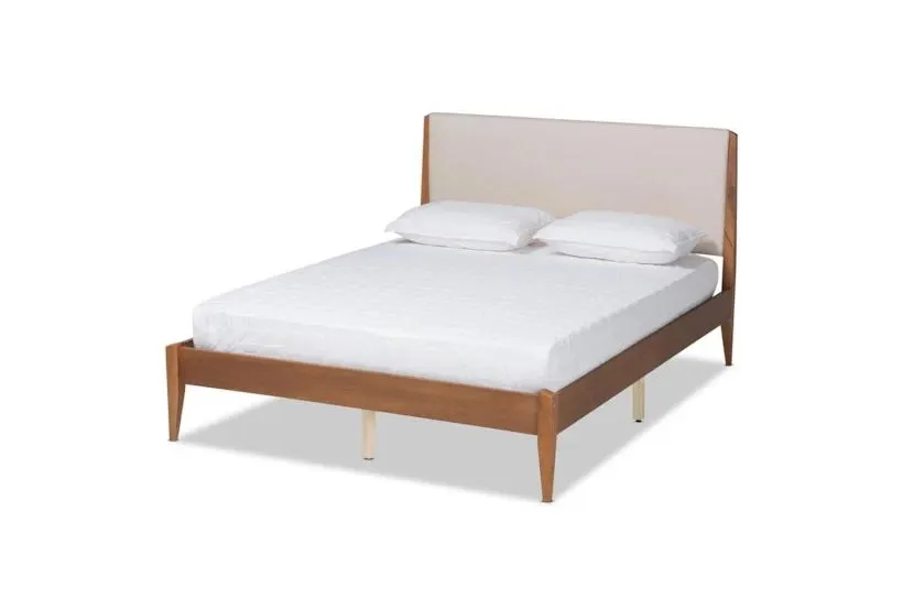 Greysyn Queen Beige Upholstered And Walnut Brown Finish Wood Platform Bed