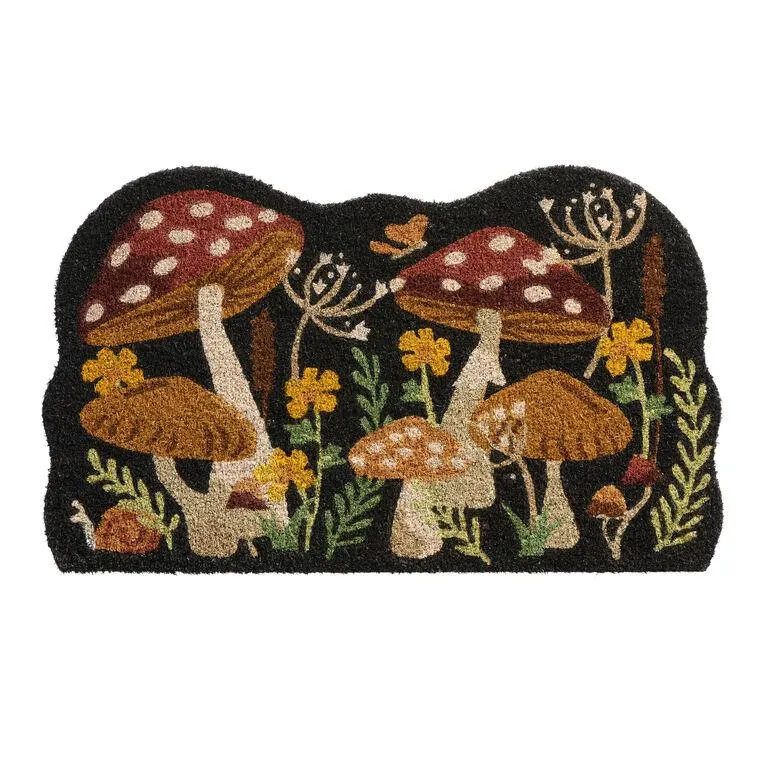 Black Multicolor Mushroom Forest Coir Doormat