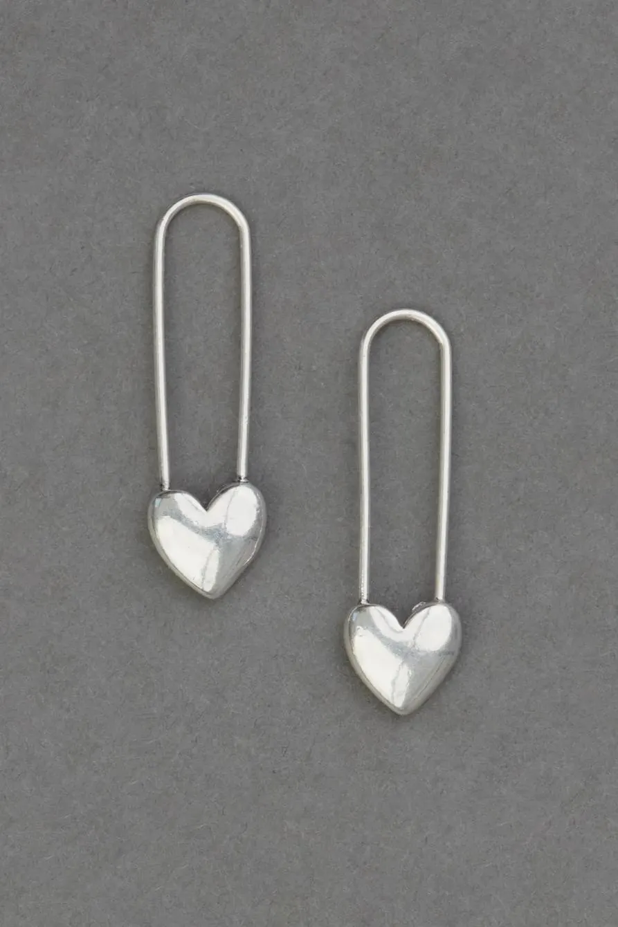 silver safety pin heart earrings