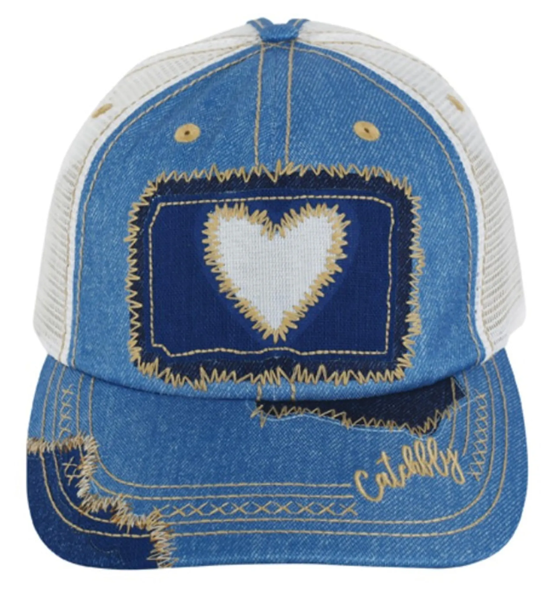 CatchFly Ladies Light & Dark Denim with White Heart Inlay Patch Ponytail Baseball Cap