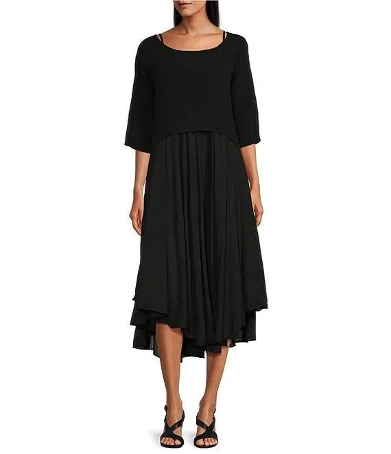 Two-Piece Crew Neck Elbow Sleeve Crop Top Sun Slip Midi Dress