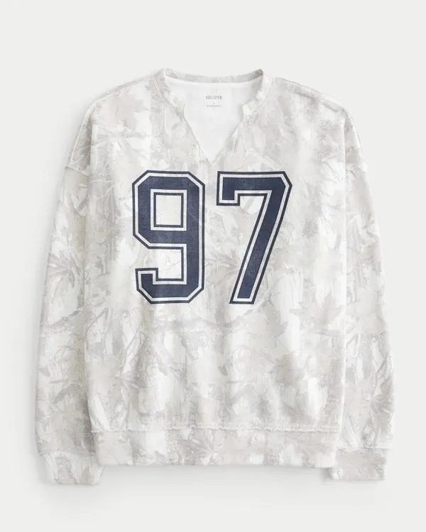 Oversized Camo Number Graphic Notch-Neck Sweatshirt