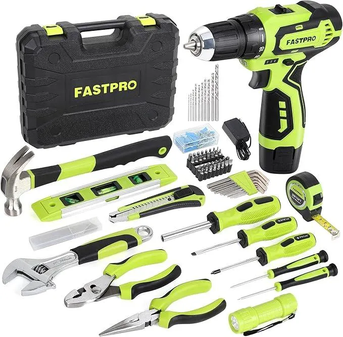 FASTPRO 160-Piece Home Tool kit with Drill, 12V Cordless Lithium-ion Drill Driver and Household Repairing Tool Set with Storage Case, For DIY, Home Maintenance, Green