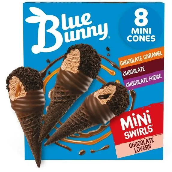 Blue Bunny Mini Swirls Chocolate Lovers Variety Pack Frozen Dessert Cones with Cookie Crunch , 18.4 fl oz, 8 Pack