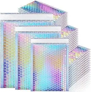 Bubble Mailers, 50 Pack Holographic Bubble Mailers with 3 Sizes, Waterproof Self Seal Adhesive Foil Glitter Glamour Shipping Bags for Mailing, Packing, Small Business, Jewelry Makeup Supplies