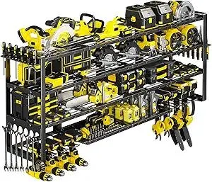 64”W Power Tool Organizer Wall Mount, Heavy Duty 8-Drill Cordless Drill Holder Supports 800 lbs, 4-Layer Corner or Straight Assembly Large Tool Battery Storage Rack for Garage Workshop