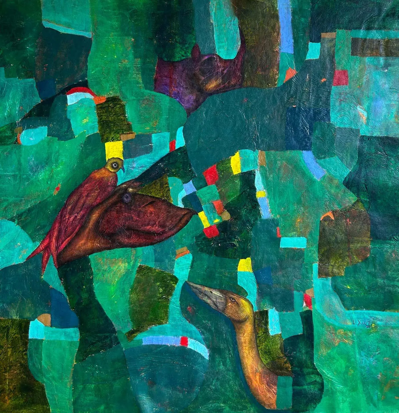 Luis Alexander Rodríguez (Ie-Xiua) Contemporary Abstract Oil Painting on Canvas in Green "Whispers of the Jungle" 2025