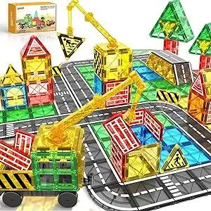 Magnetic Tiles Road Building Blocks - Magnet Crane Car Set for Kids Ages 3-5 4-8 5-7 Preschool City Construction Kids Games Dinosaur Toddler Toys for 3+ Year Old Boys Girls Christmas Birthday Gifts