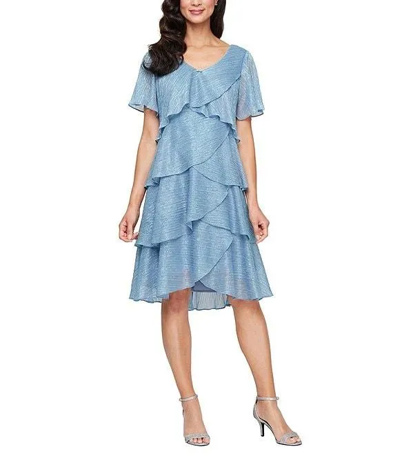 Shimmer Tiered Ruffle V-Neck Embellishment Short Flutter Sleeve Shift Dress
