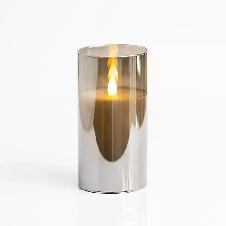 Gray LED Soft Flame Glass Pillar Candle, 4x6 in.