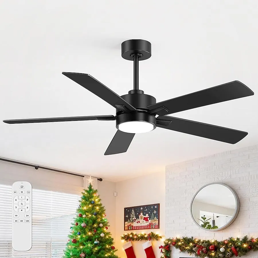 Breezary 52-in Black with Plywood Black Blades Color-Changing Integrated LED Ceiling Fan With Light 5 -Blade