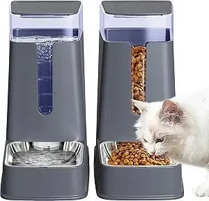Automatic Cat Feeder and Cat Water Dispenser Set with Stainless Steel Bowls Gravity Dog Feeder for Small Medium Big Dog Pets Puppy Kitten, 3.8Lx 2