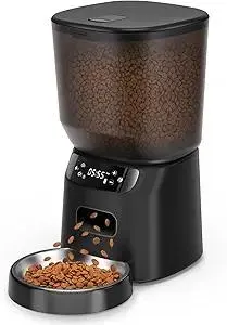Automatic Cat Feeder, Cat Food Dispenser with Stainless Steel Bowl, Timed Portion Control 20 Portions 6 Meals Per Day, Voice Recorder, Dual Power Supply for Small Dogs (Black)