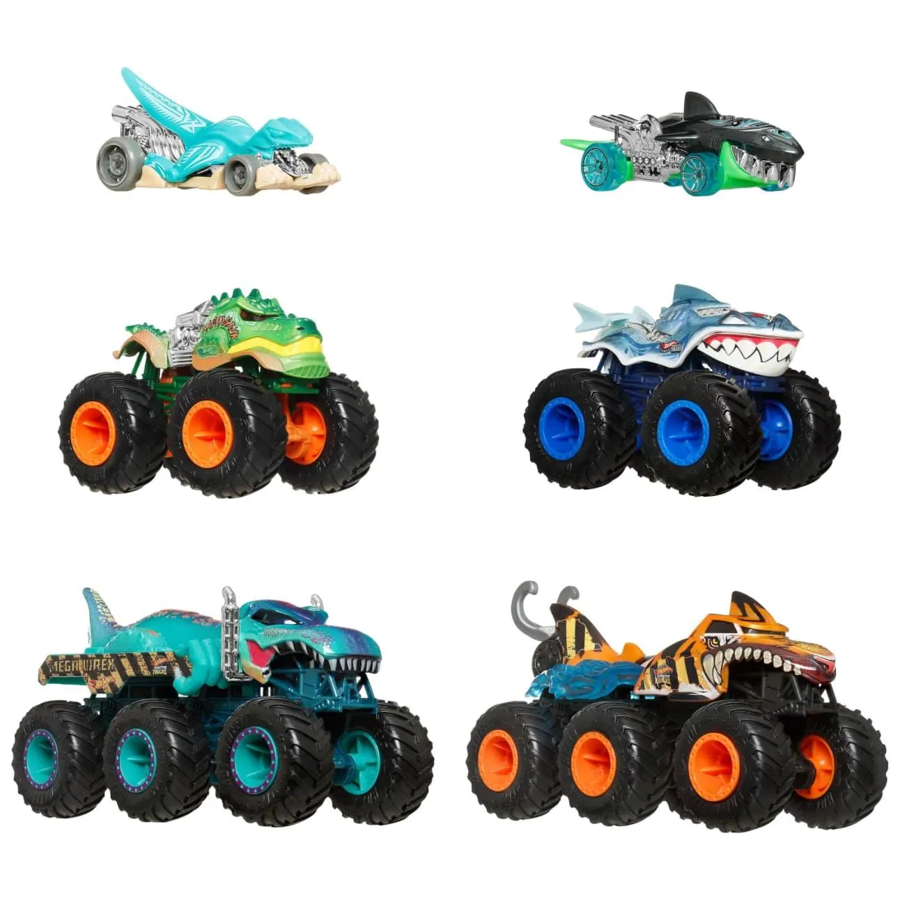 Hot Wheels Monster Trucks Sharks vs Dinos Multipack With 2 Big Rigs, 2 Toy Trucks & 2 Toy Cars
