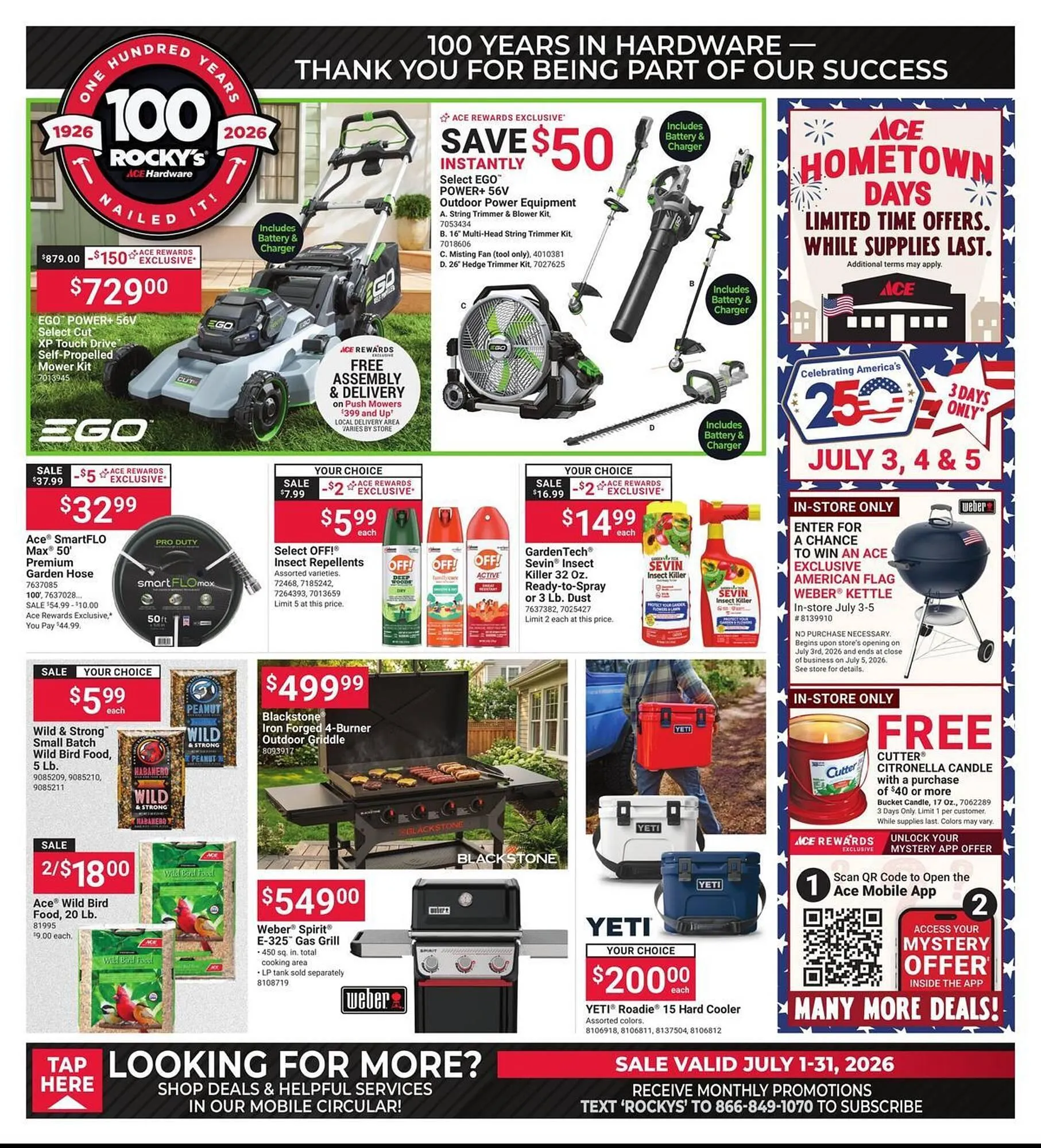 Weekly promotion Ace Hardware flyer spanning from July 1 to July 31 2026 - Page 1 for Catalogue 365