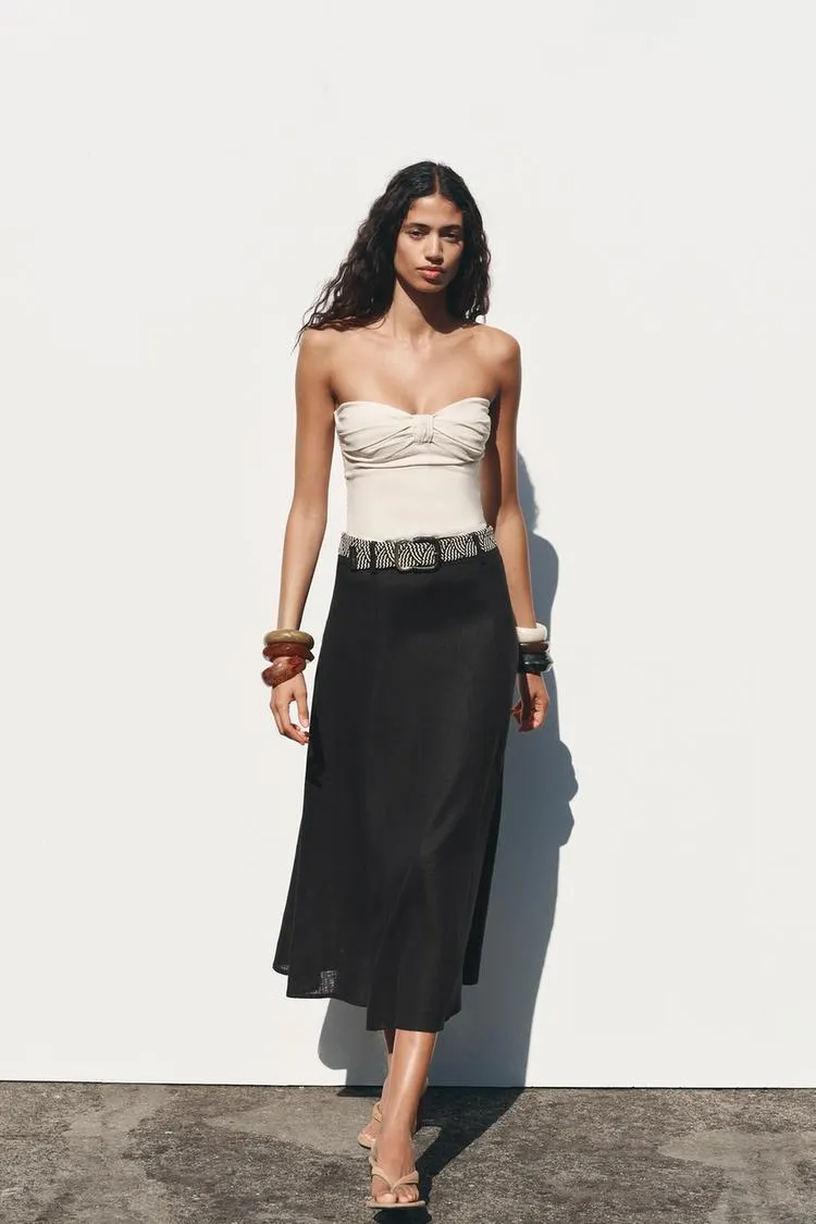 LINEN MIDI SKIRT WITH BELT
