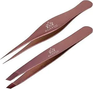 Majestic Bombay Fine Point + Slant Tweezers for Women and Men – Splinter Ticks, Facial, Brow and Ingrown Hair Removal–Sharp, Needle Nose, Surgical Tweezers Precision best tweezers for chin hair