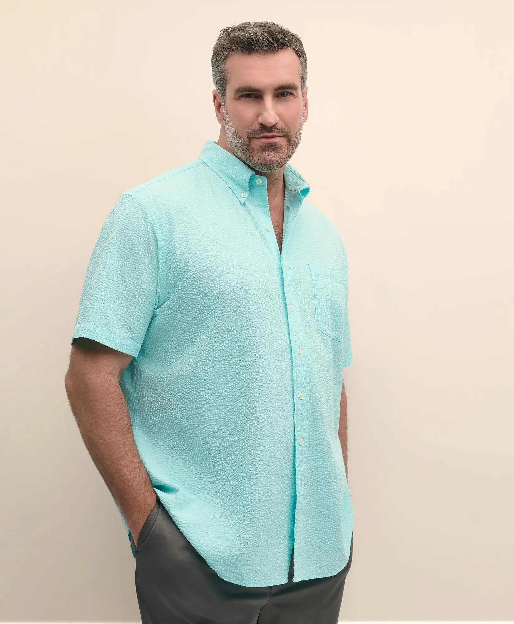Big & Tall Cotton Seersucker Polo Button-Down Collar, Short-Sleeve Shirt