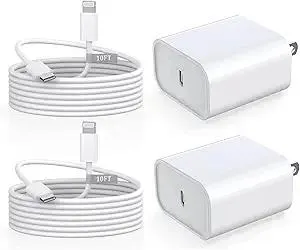 iPhone Charger Fast Charging 10 FT, 2 Pack 20W USB C Wall Charger Block with 10FT Long Type C to Lightning Fast Charging Data Sync Cable Compatible for iPhone 14 13 12 11 Pro Max XS XR X iPad